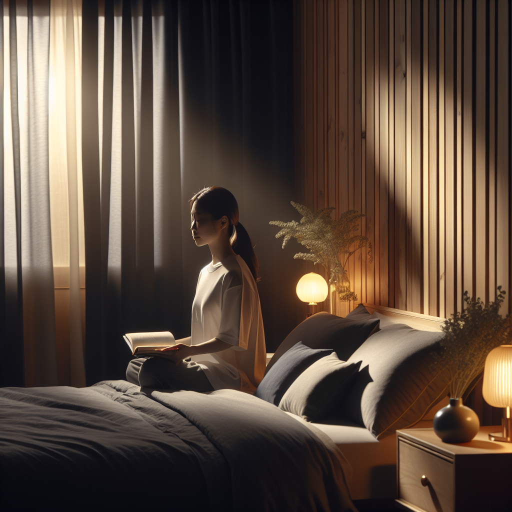 Rolig, nordisk soverom med dempet varmt lys, mørke gardiner, bok på nattbordet og en person som gjør pusteøvelser før sengetid