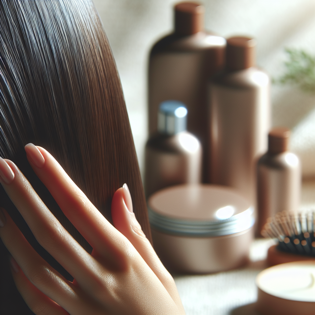 Nærbilde av sunn hodebunn og skinnende hår i naturlig lys, med miljøvennlige hårprodukter i bakgrunnen, stilren og rolig fargepalett
