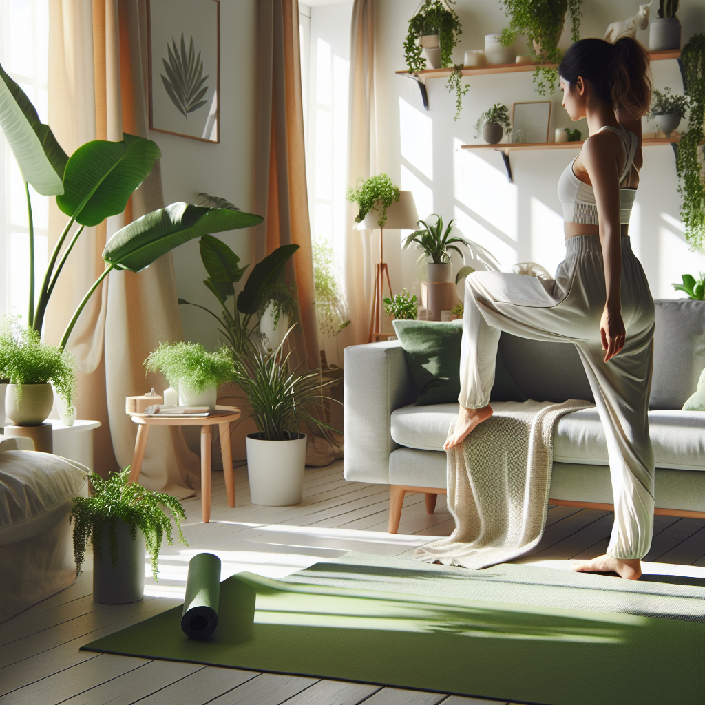 Lys, skandinavisk minimalisme: rolig stue med grønne planter, yogamatte og naturlig morgenlys, en person i lett tøyning, ren og beroligende estetikk